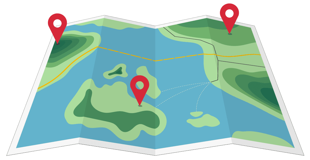 Map with various location markers scattered around